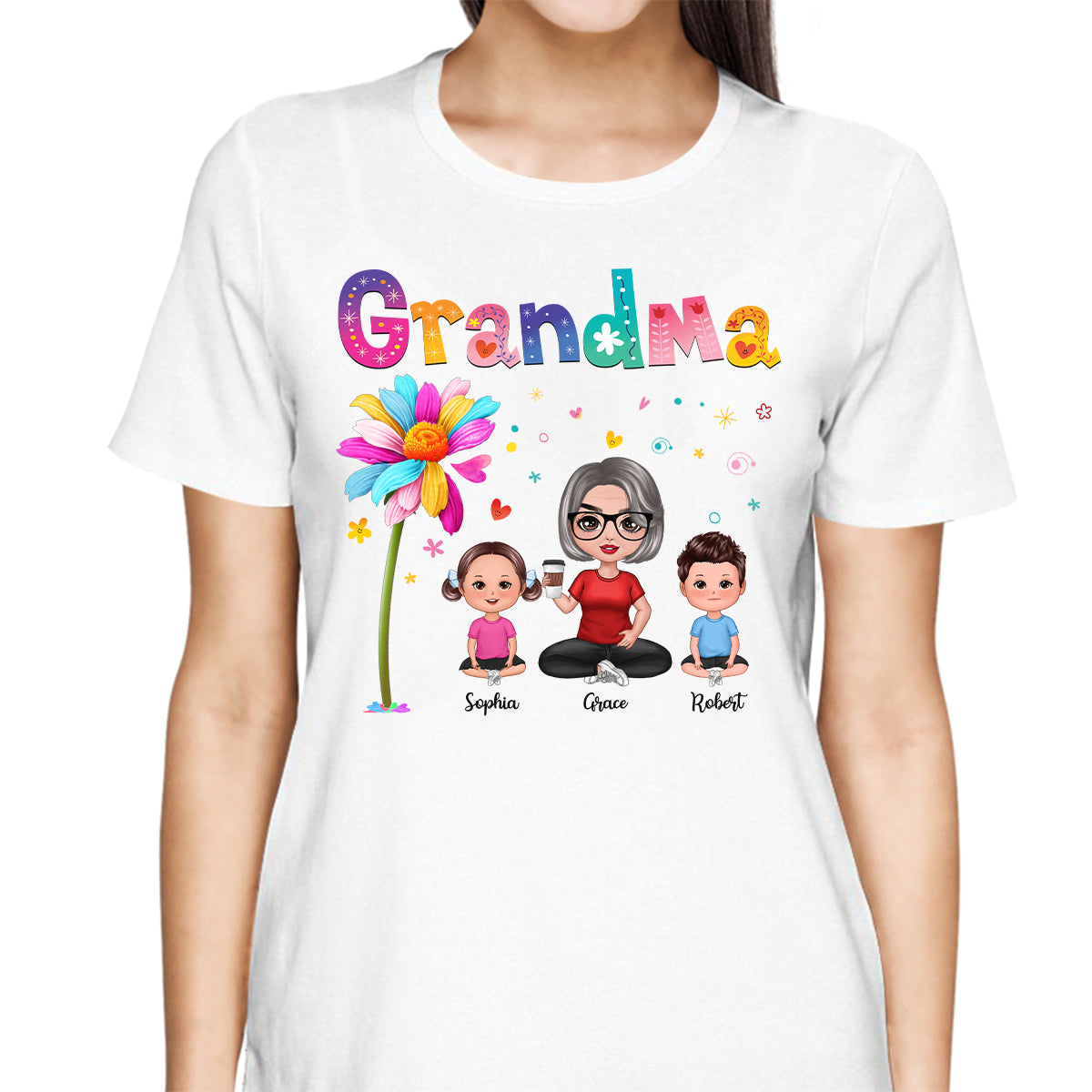 Colorful Floral Pattern Grandma With Grandkids Sitting Personalized Shirt