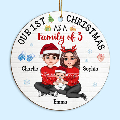 Our First Christmas As Family Of 3 Embracing Sitting Family Personalized Wooden Ornament