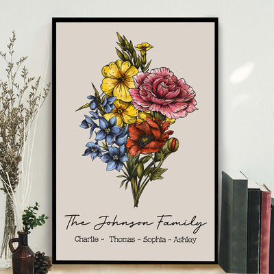 Beautiful Vintage Birth Flower Family Grandma Home Decor Personalized Poster