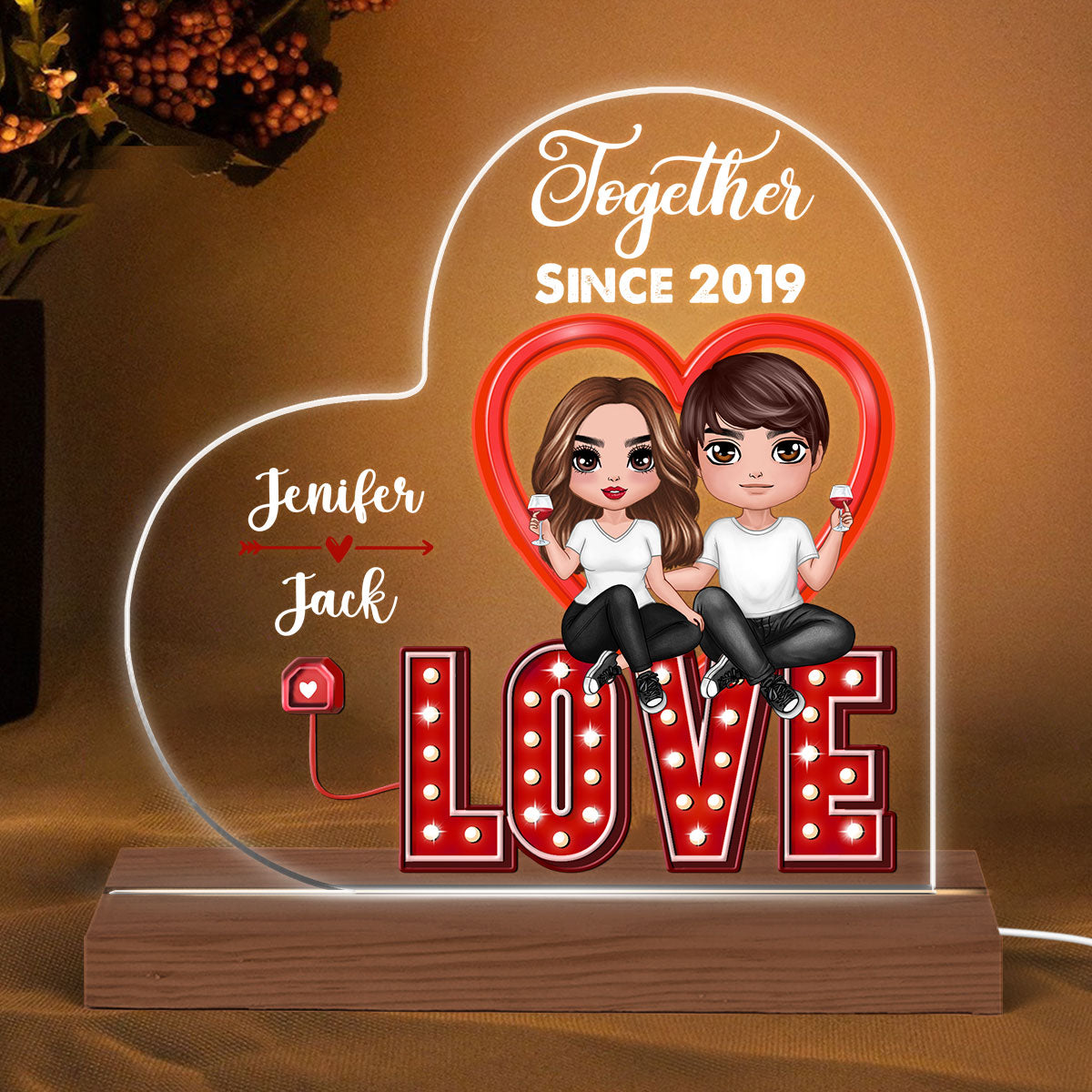 Doll Couple Sitting On LOVE Personalized Custom Shape LED - Gift For Him Gift For Her