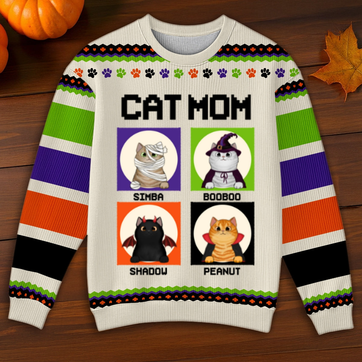 Halloween Cat Mom Personalized Faux Knitting Sweater