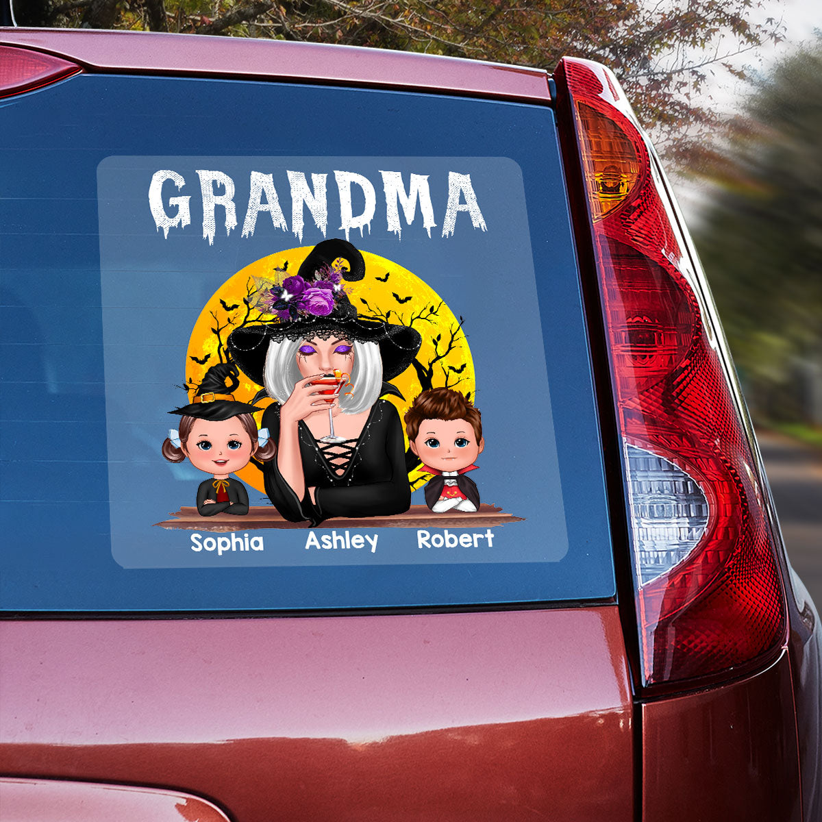 Halloween Moon Grandma Mom Witch With GrandKids Personalized Decal, Halloween Decoration