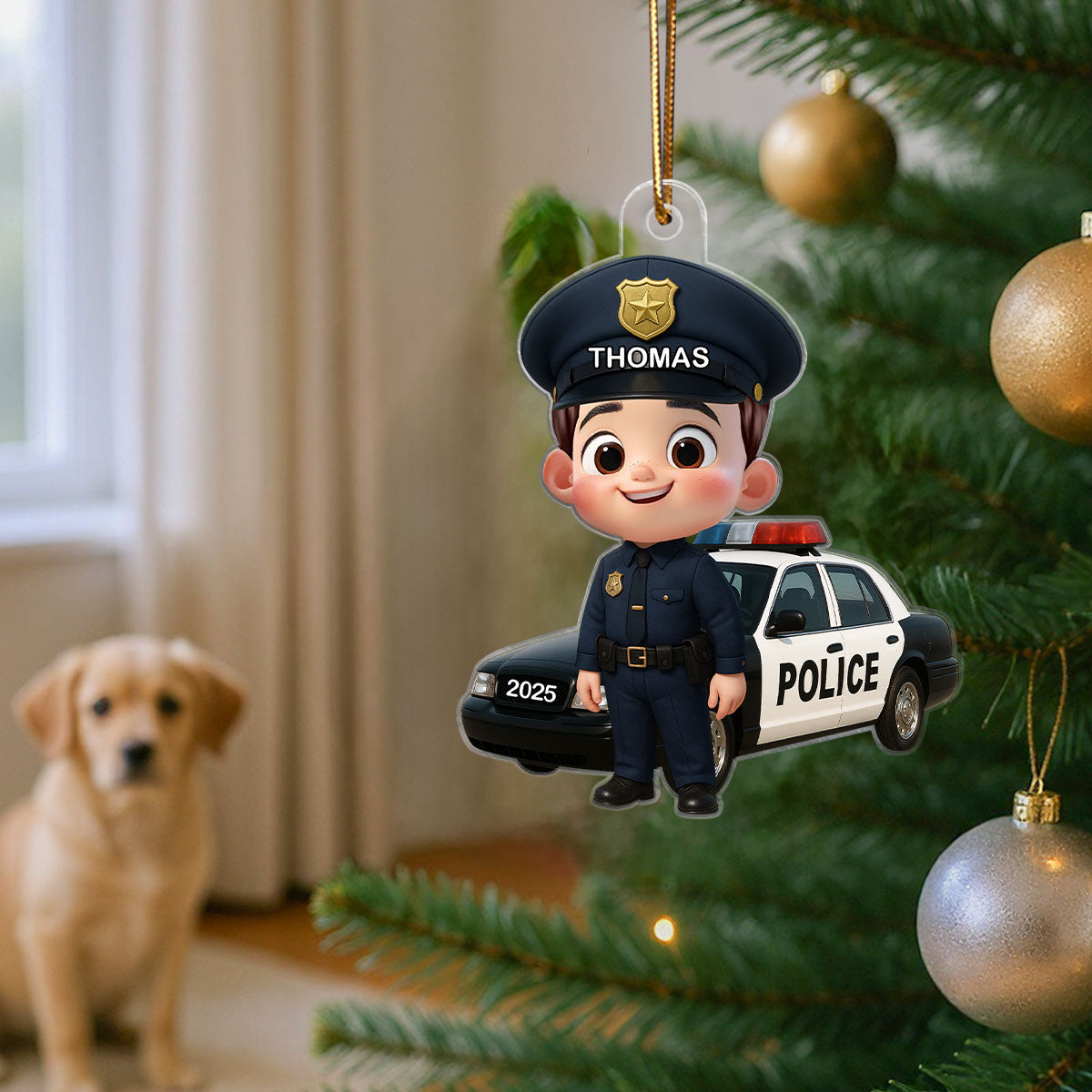 3D Effect Little Kid Boy Dream Job Police Christmas Personalized Acrylic Ornament