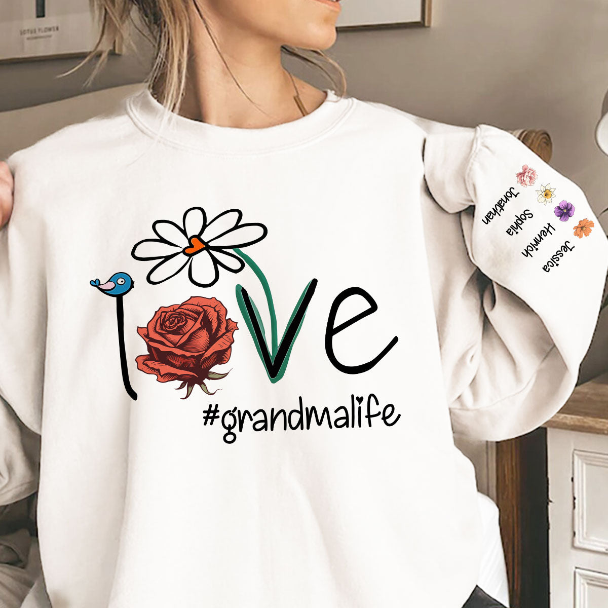 Love Grandma Life Mom Life Birth Month Flowers Personalized Sleeve Printed Sweatshirt, Mother's day gift for Moms, for Grandmas