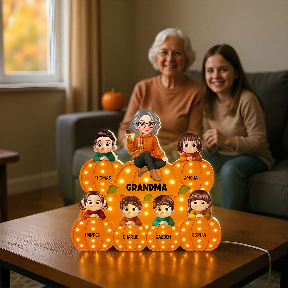 Fall Season Grandma Grandkids On Marquee Pattern Texture Pumpkins Personalized LED Light Box