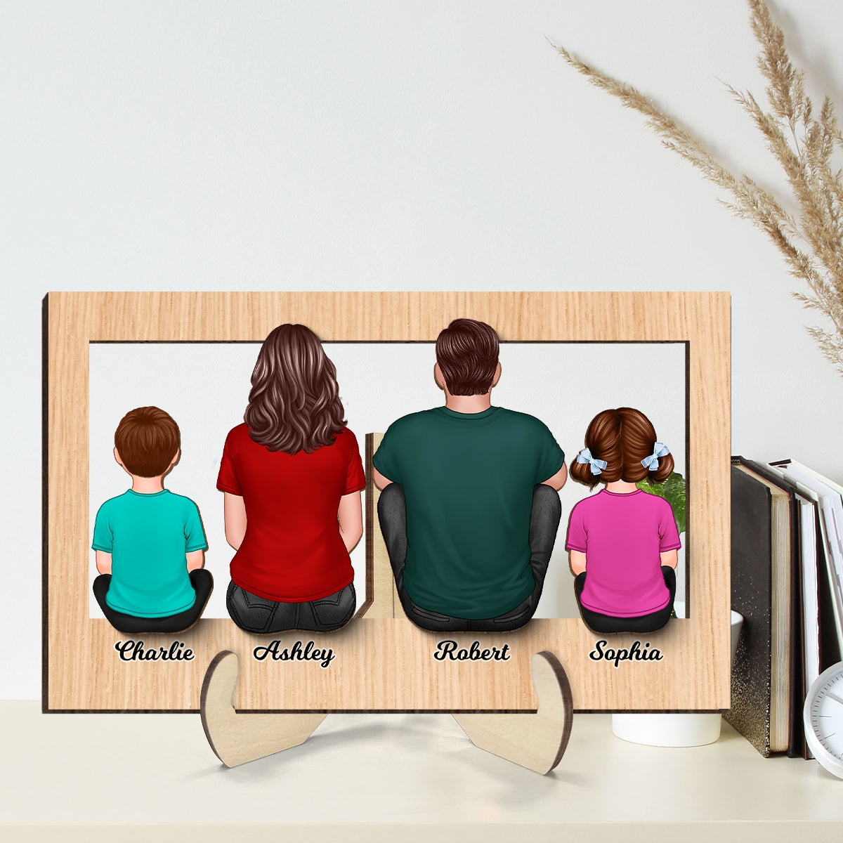 Family Sitting Back View Frame Personalized 2-Layer Wooden Plaque