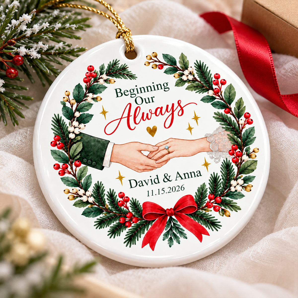 Our Forever Christmas Couple Hands - Personalized Ceramic Ornament - Love Keepsake for Couples, Romantic Gift for Newlyweds Husband Wife