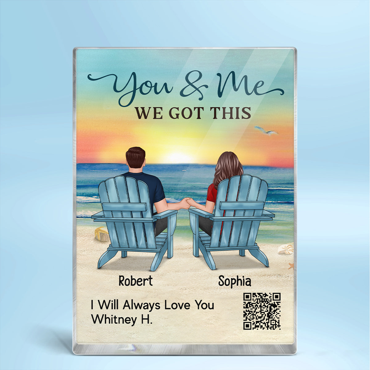 Couple Back View Sitting At Beach Favorite Song QR Code Personalized Acrylic Block Plaque