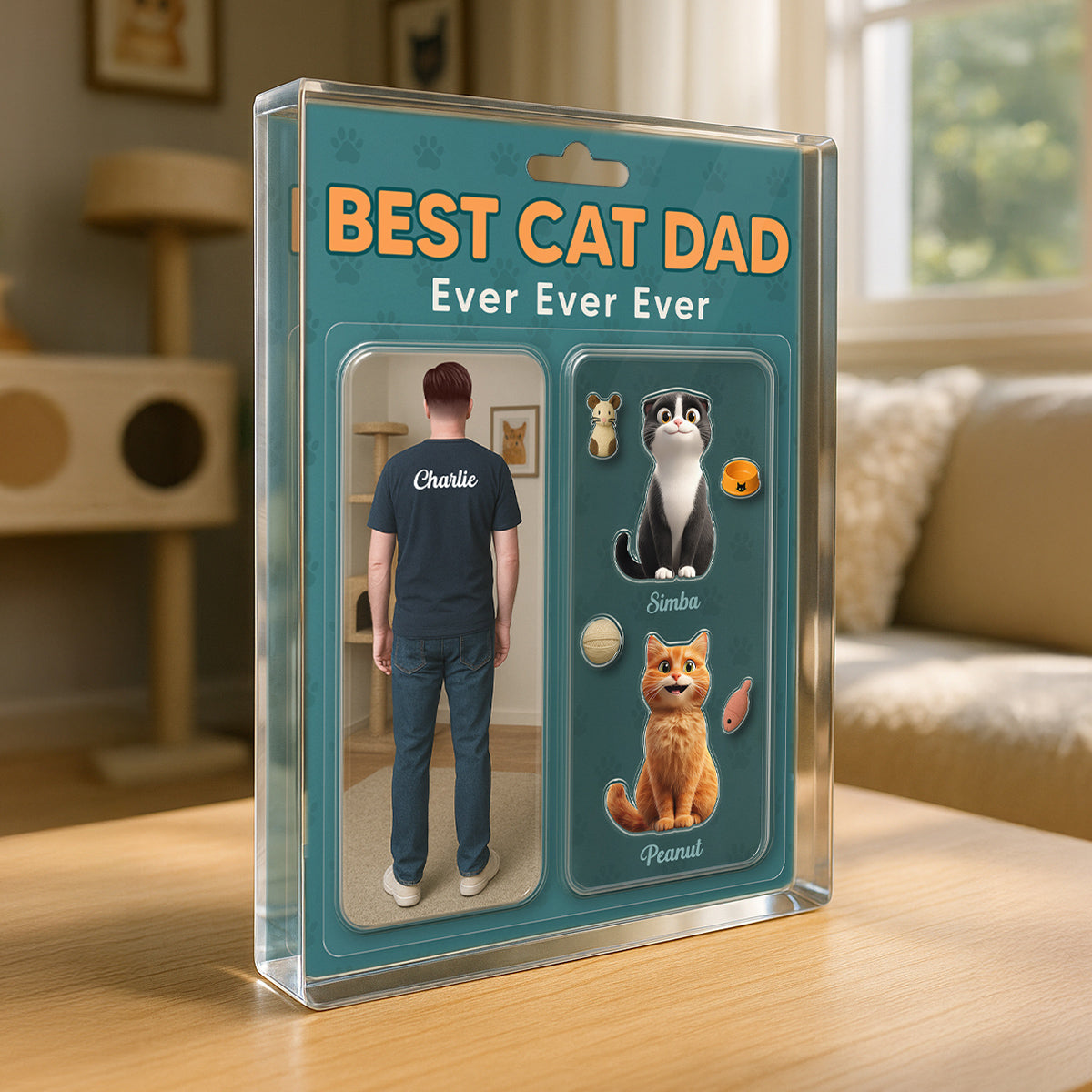 Cat Dad Realistic Figures Style Personalized Acrylic Block Plaque, Father's Day Gift for Cat Lover