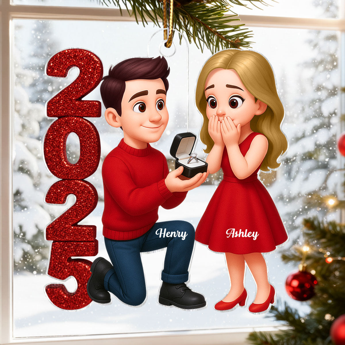 3D Glitter Effect 2025 Marriage Proposal Couple - Personalized Acrylic Ornament - Newly Engaged Gift, "She Said Yes!" Ornament