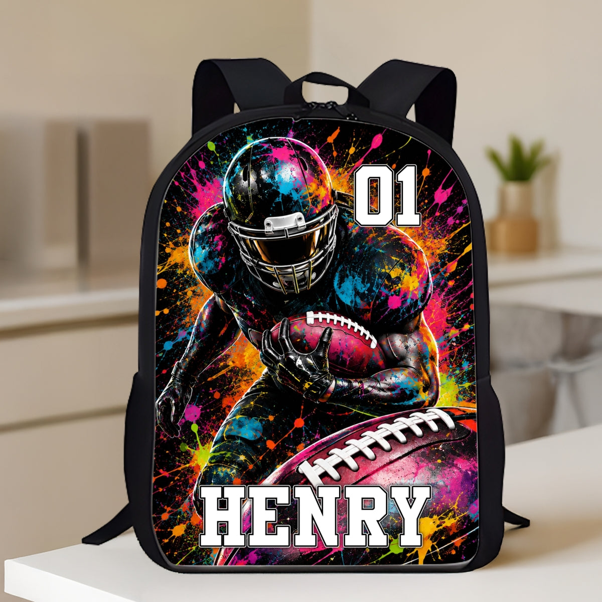Watercolor Splash American Football Custom Name & Number - Personalized Backpack - Back To School Gift For Football Lovers, Kid Boy, Son, Grandson