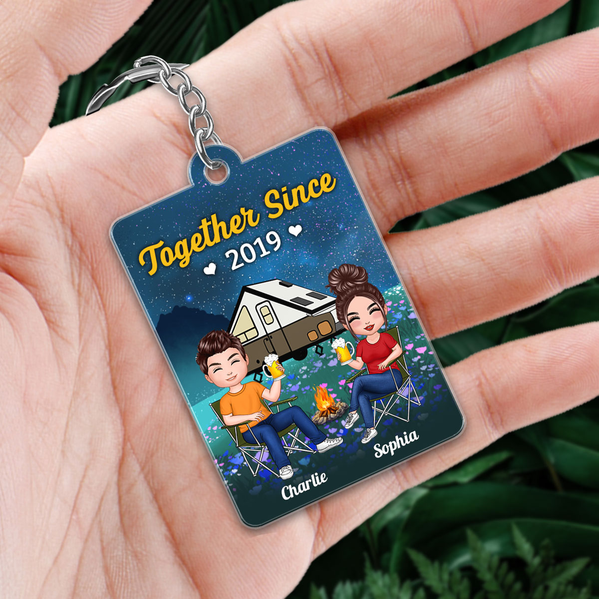 Doll Couple Camping Favorite Song QR Code Personalized Acrylic Keychain