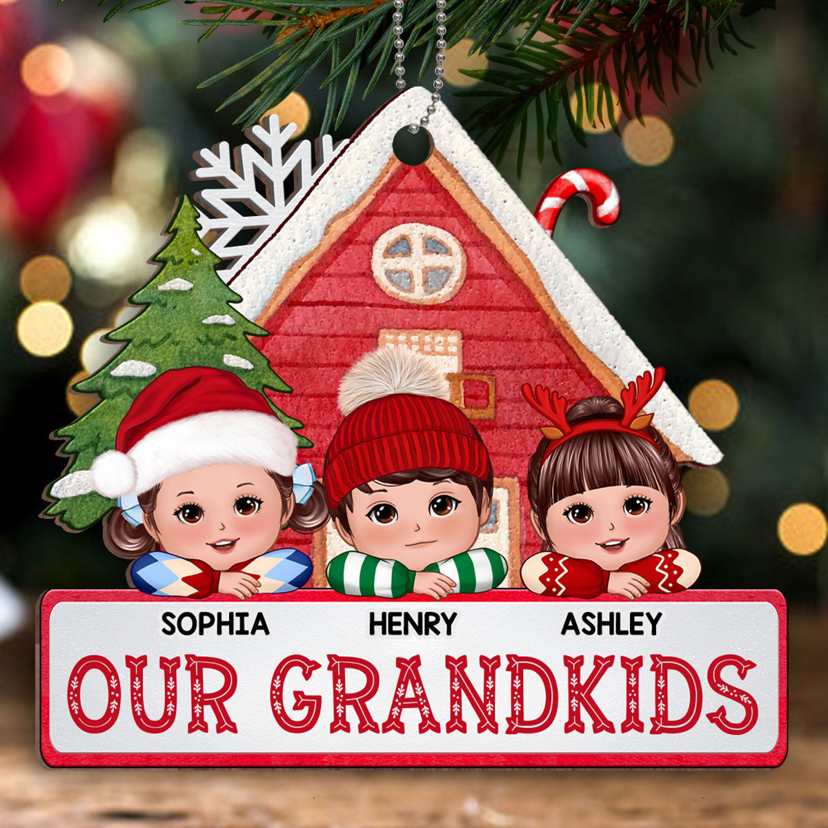 Our Grandkids Cute Kids Laying Head On Hands Personalized Wooden Ornament