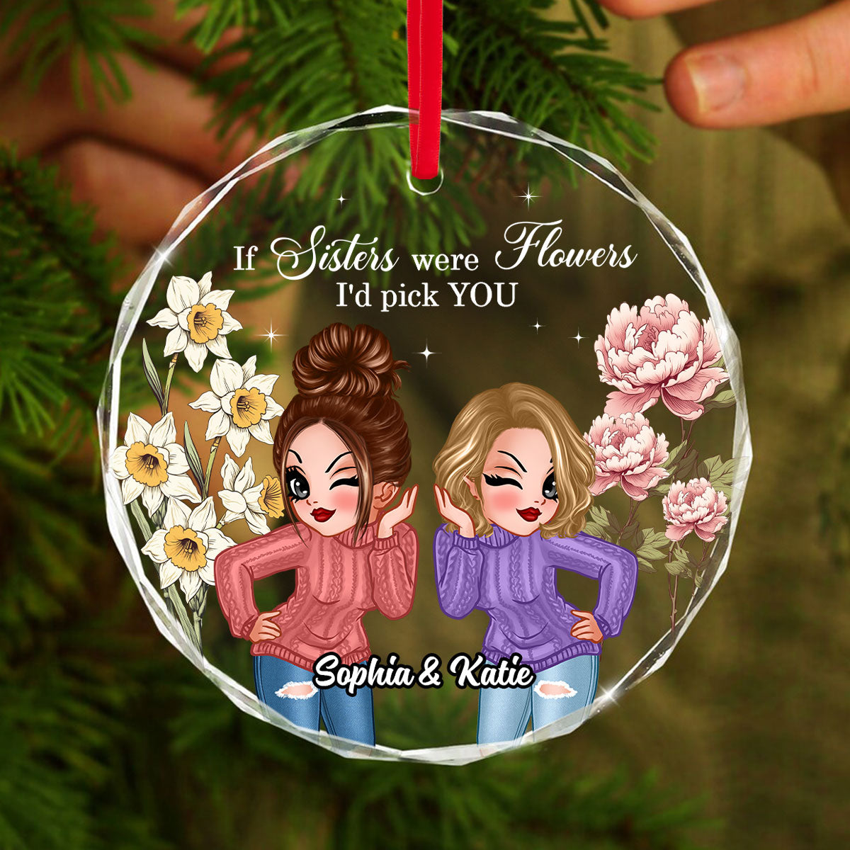 Besties Sisters Birth Month Flowers Personalized Glass Ornament, Christmas Gift For Best Friends