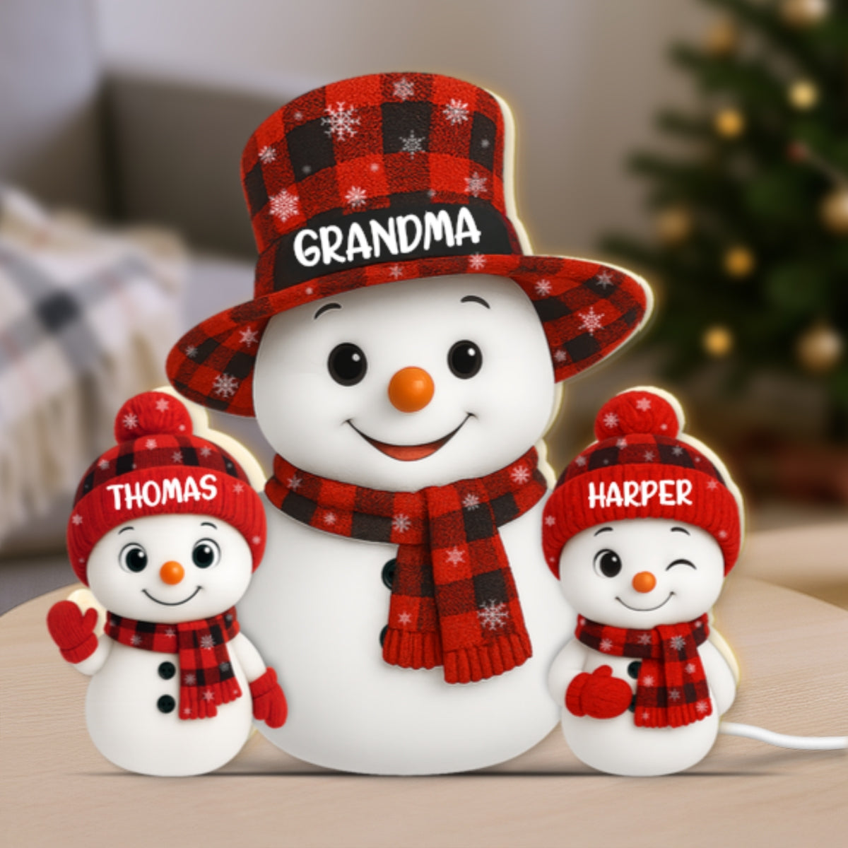 Christmas Checkered Pattern Grandma Grandkids Snowman Together - Personalized Light Box - Gift For Grandmas