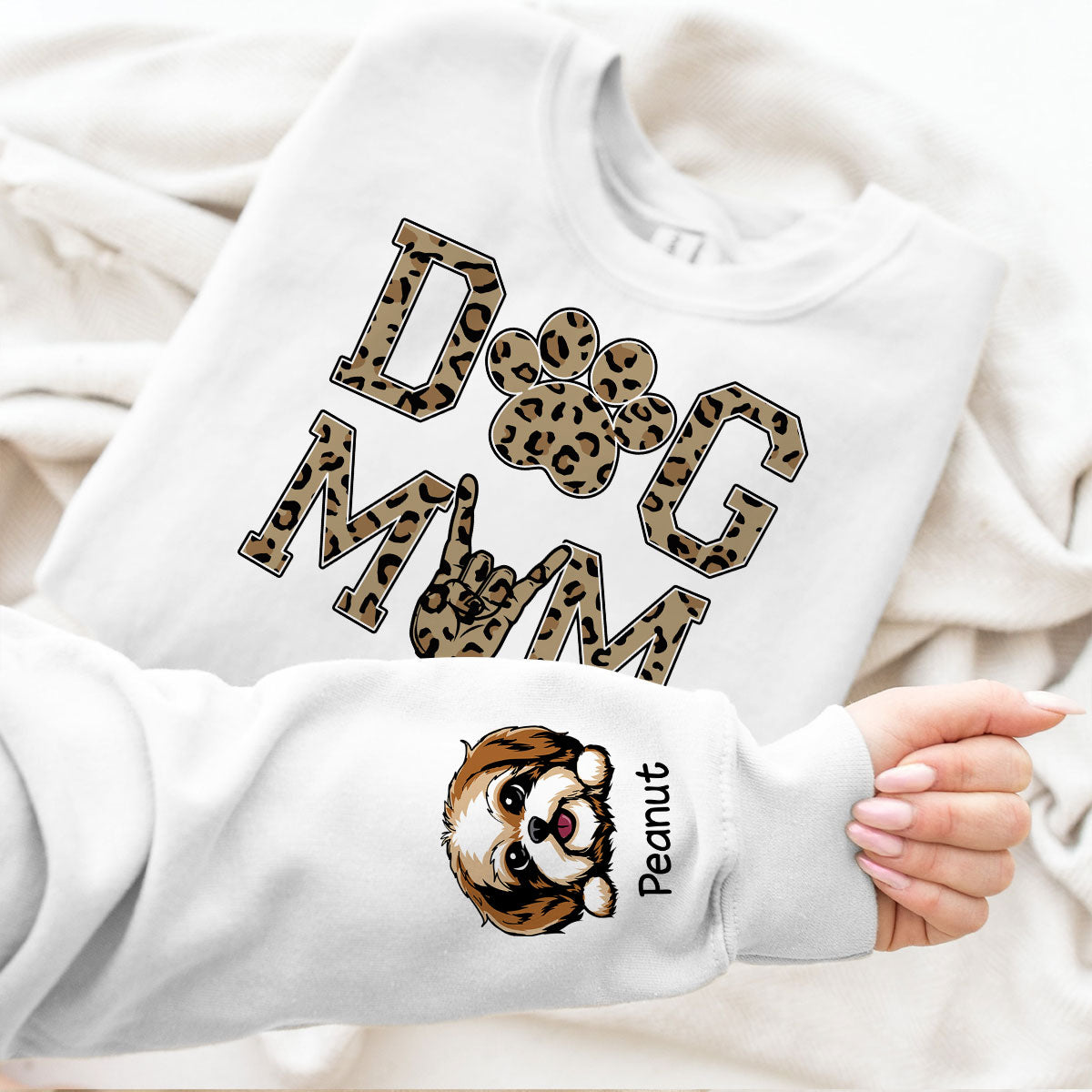 Dog Mom Leopard Peeking Dog, Gift For Dog Mom, Fur Mama, Personalized Sleeve Printed Sweatshirt