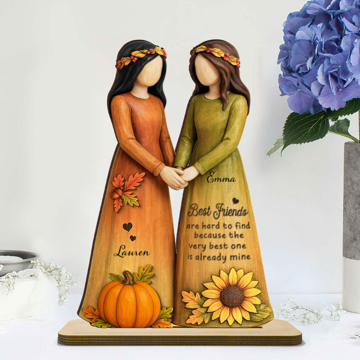 Fall Season Besties Sisters 3D Effect Personalized Standing Wooden Plaque, Gift Friendship Gift for Besties
