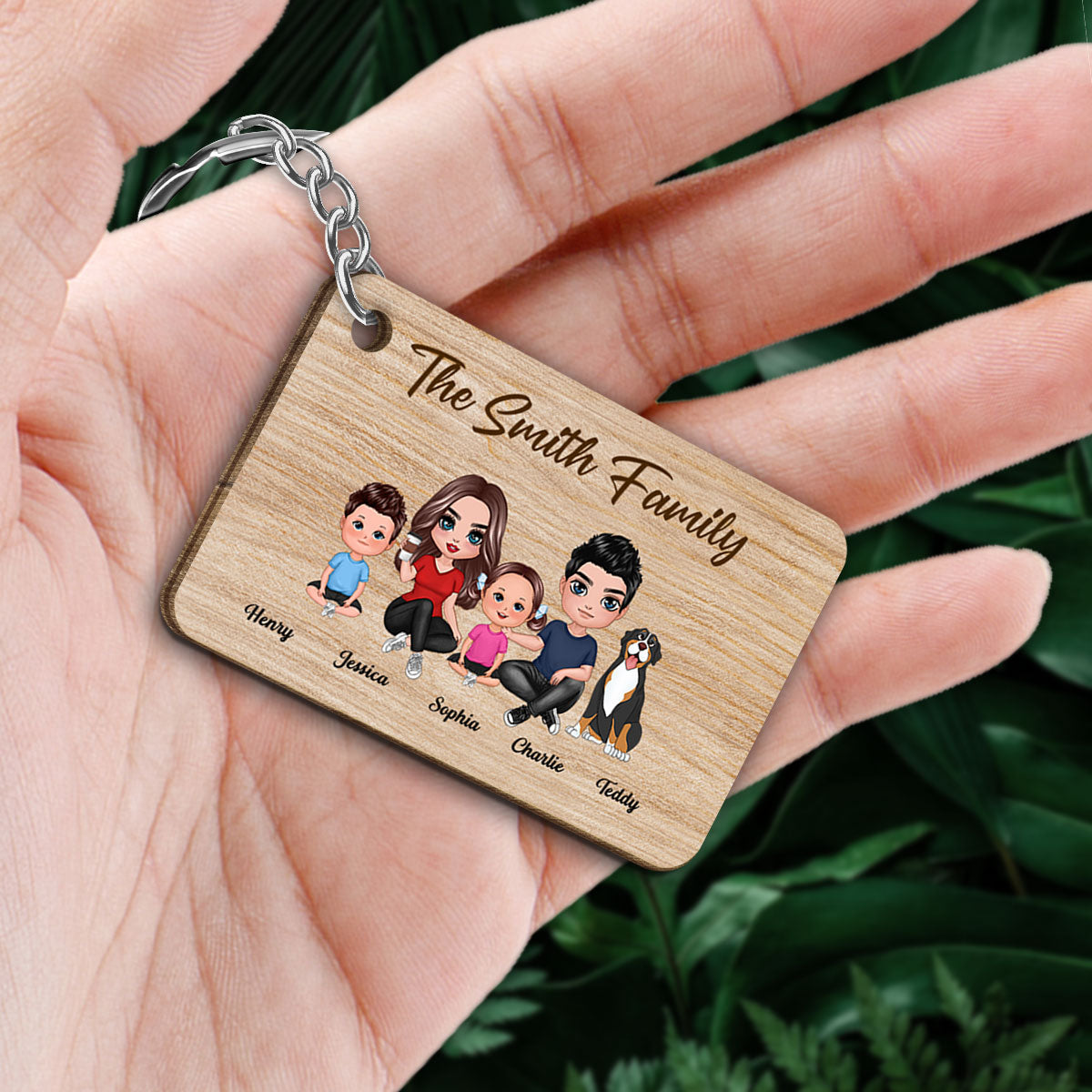 Whole Doll Family Couple Dad Mom Kids Dogs Cats Sitting Personalized Wooden Keychain