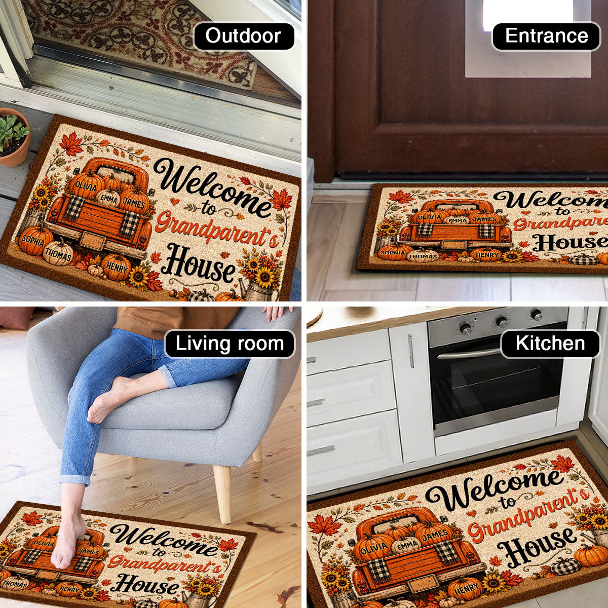 Floral Pumpkin Patch Truck Grandparent - Personalized Doormat - Fall Season Decor Gift, Gift For Grandma Grandpa