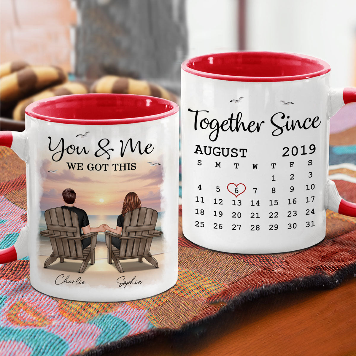 Eternal Sunset Beach Couple Back View Anniversary Calendar Personalized Mug,  Gift, Anniversary Gift For Him, For Her