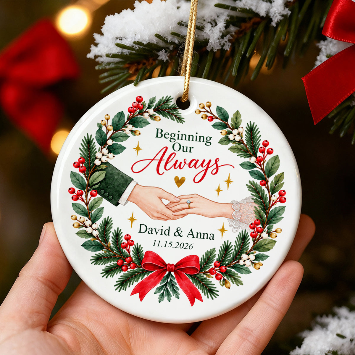 Our Forever Christmas Couple Hands - Personalized Ceramic Ornament - Love Keepsake for Couples, Romantic Gift for Newlyweds Husband Wife