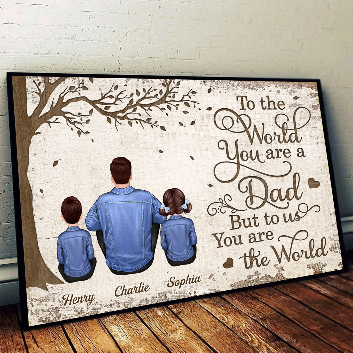 Denim Back View Dad And Kids Dogs Cats Sitting Personalized Horizontal Poster