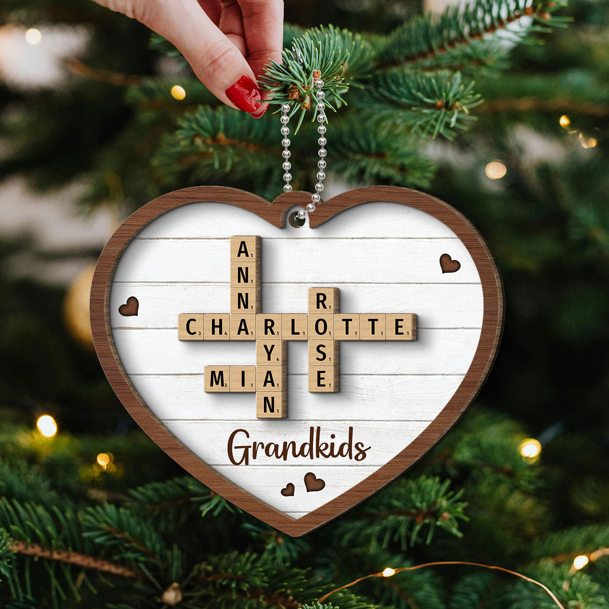 Grandkids Crossword Puzzle Art - Personalized 2-Layered Wooden Ornament - Christmas Gift For Mom, Gift For Grandma