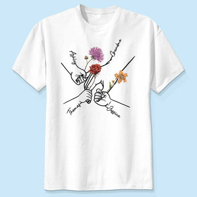 Kids Holding Grandma Mom Hand Birth Month Flowers Personalized Shirt