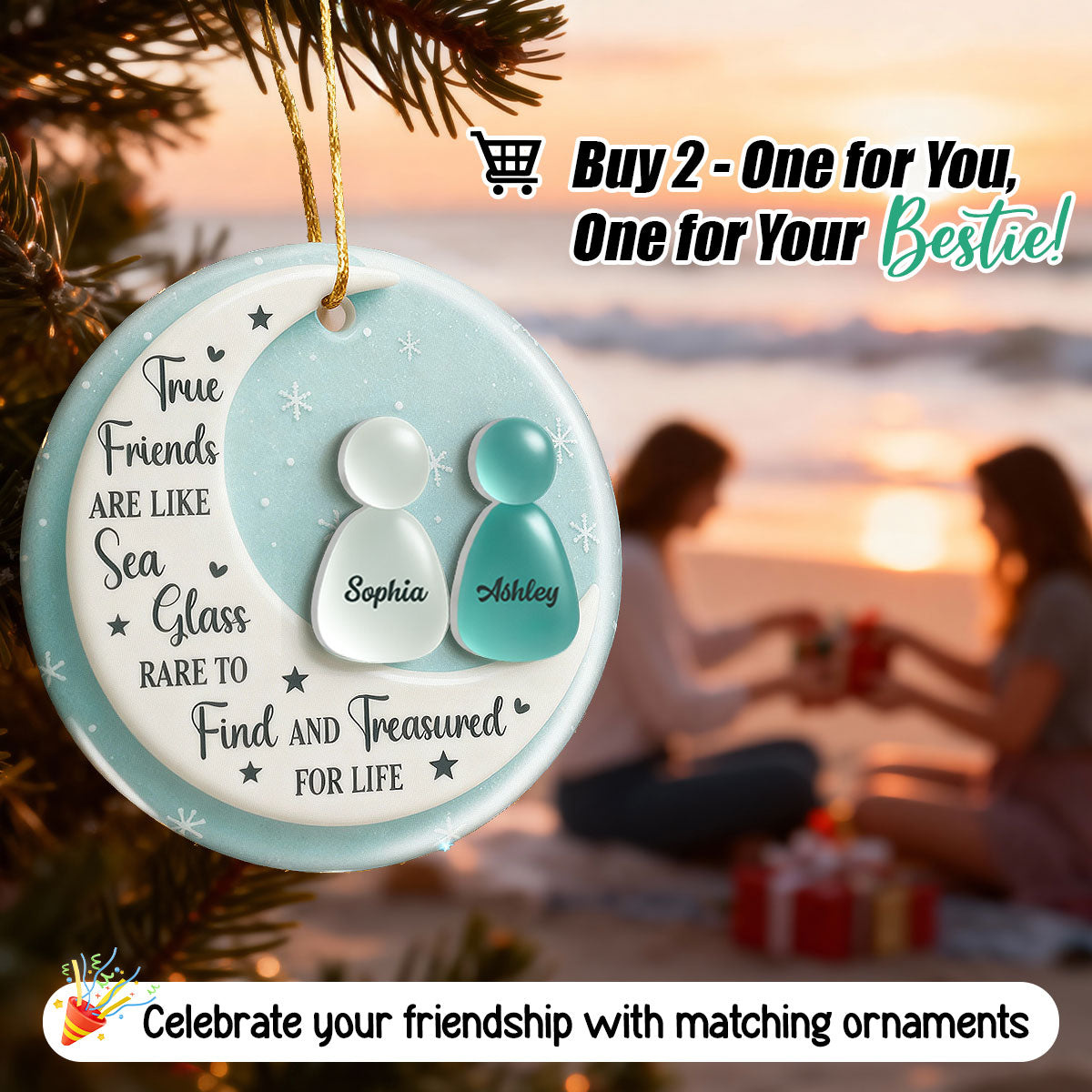3D Sea Glass Effect Besties On Moon - Personalized Ceramic Ornament With Acrylic Pieces - Unique Gift For Best Friends