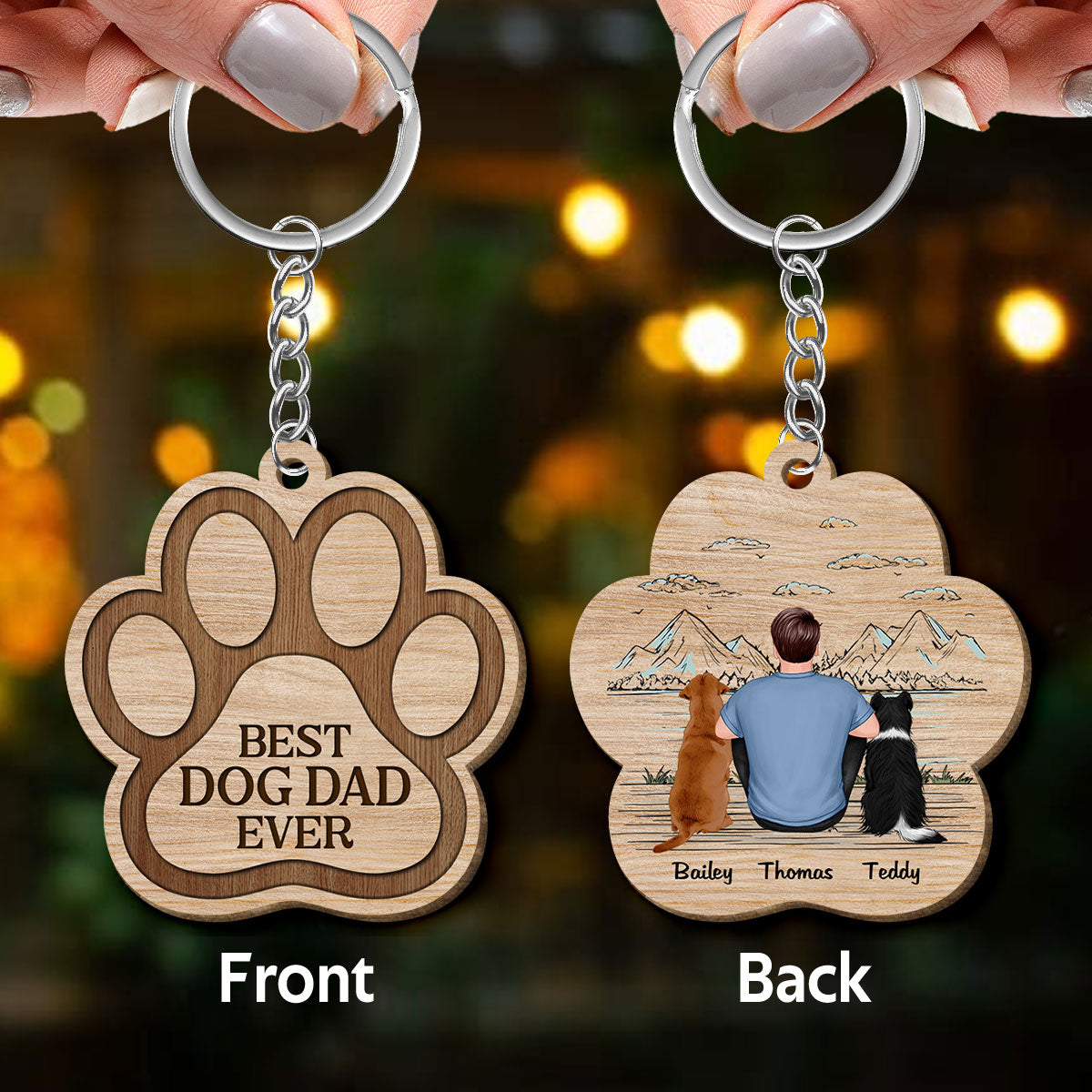 No. 1 Dog Dad Back View Sitting Man & Dog Personalized Paw Shaped Wooden Keychain