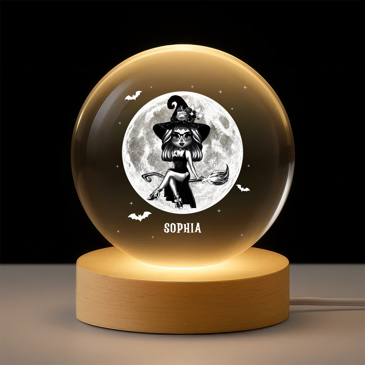 Witch On Broom Under Moon - Personalized Crystal Ball Night Light - Halloween Decor, Wicca Pagan Decor For Witches