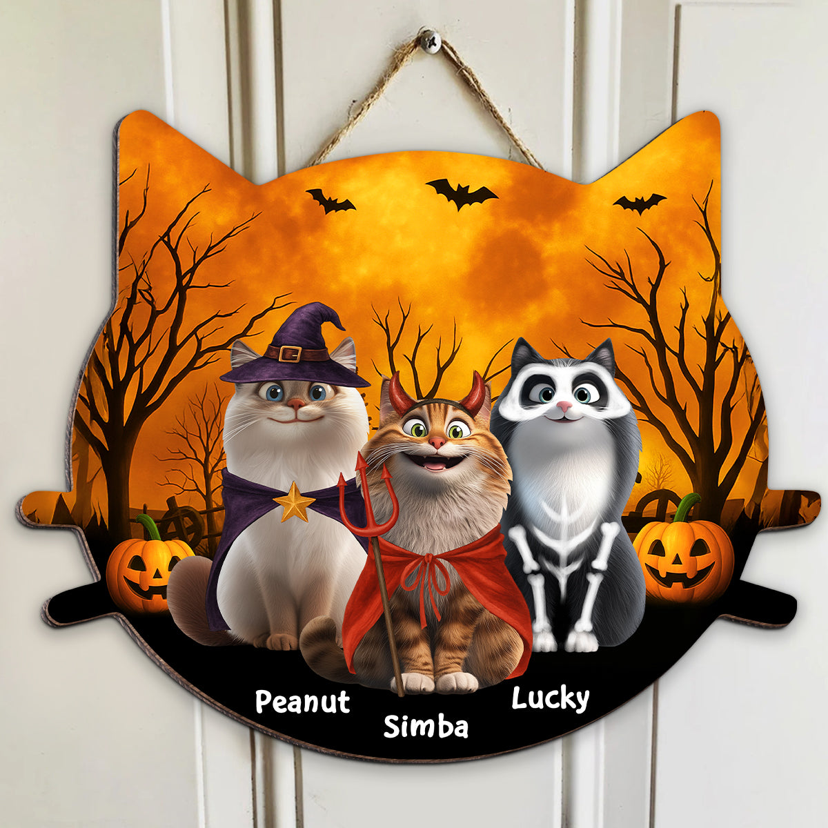 Halloween Cat Face Shaped Personalized Wooden Door Sign, Halloween Decor for Cat Lovers, Cat Moms, Cat Dads