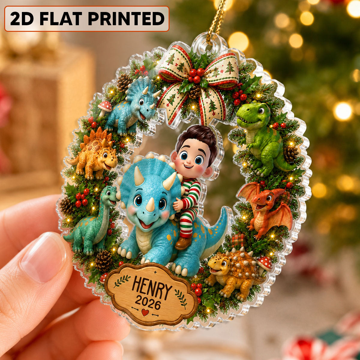 Trending Cute Cartoon Kid With Dinosaur - Personalized Acrylic Ornament - Christmas Gift For Boys, Girls