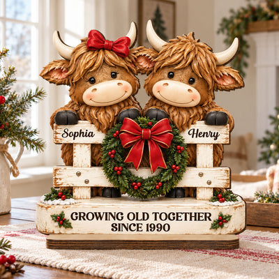 Happy Highland Cows Couple Christmas Fence - Personalized 2-Layered Wooden Plaque - Christmas Gift For Couple