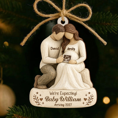 We're Expecting Baby Arriving 2D Flat - Personalized Wooden Ornament - Christmas Tree Decor For Expecting Couples, Pregnancy Keepsake
