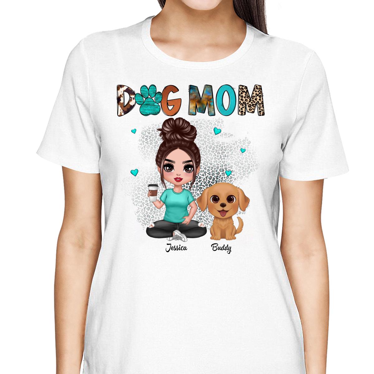 Western Pattern Teal Animal Print Dog Mom Doll Girl & Cute Watercolor Dog Personalized Shirt