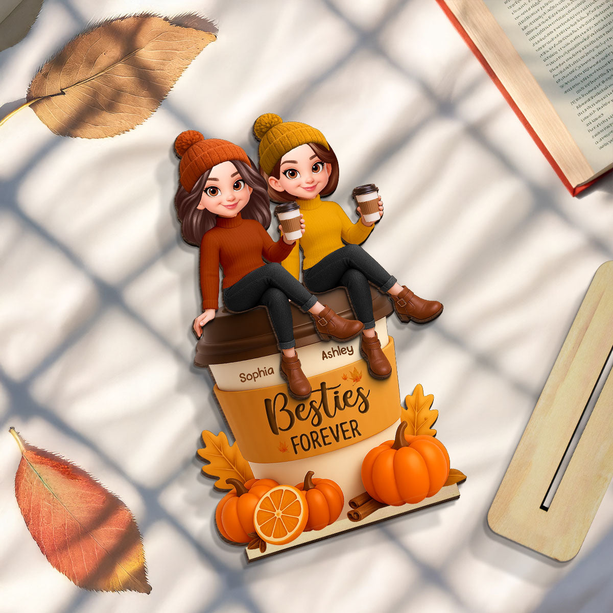 Fall Season Besties Sitting On Pumpkin Spice Latte Personalized Standing Wooden Plaque