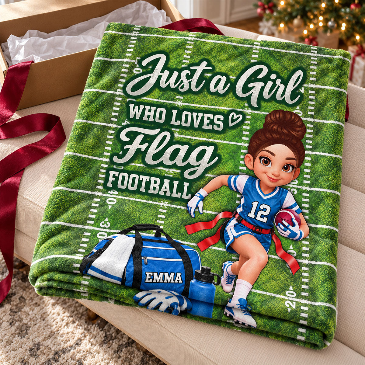 Just a Girl Who Loves Flag Football - Personalized Fleece Blanket - Christmas Gift for Daughter, Granddaughter, Niece