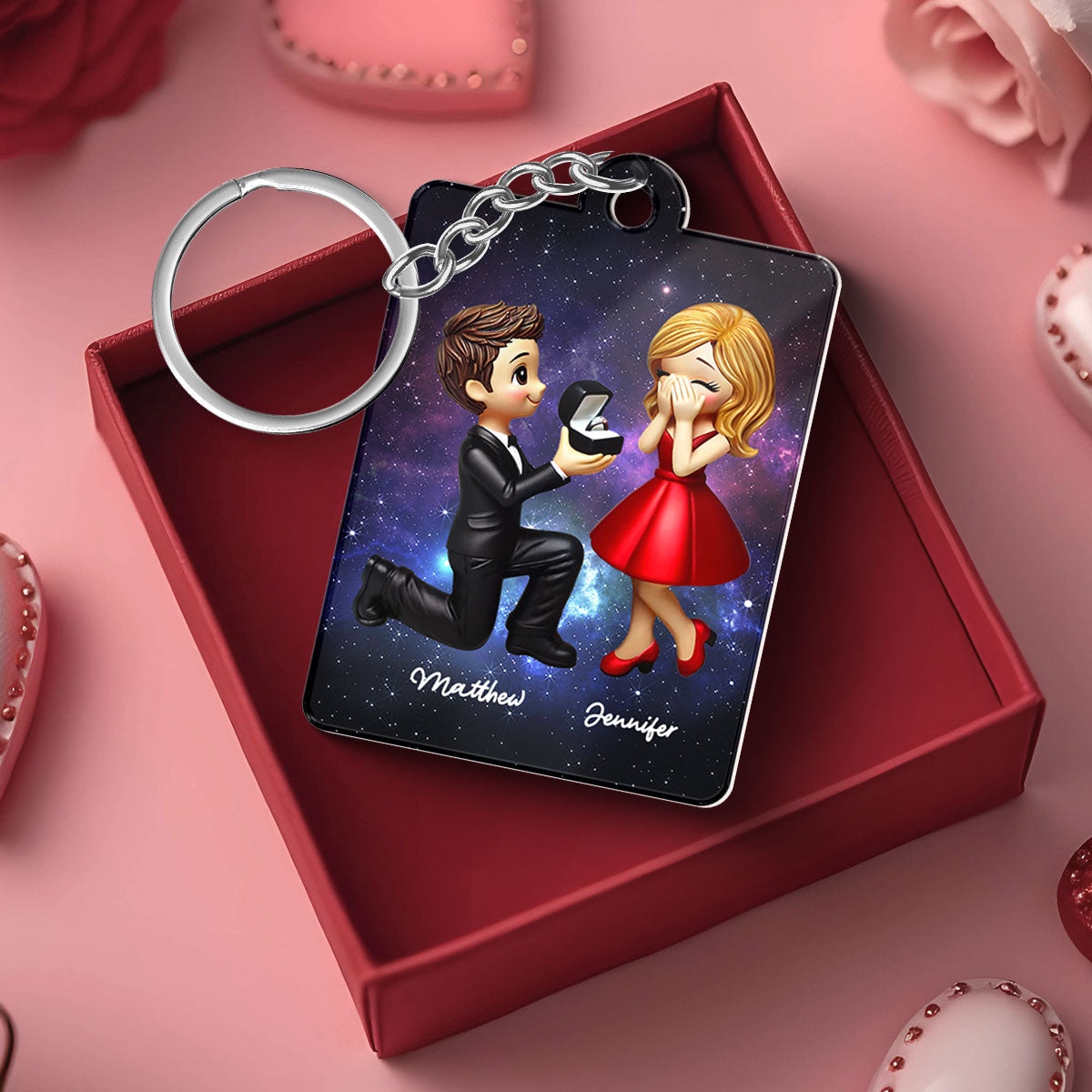 Couple In Galaxy Night Personalized Acrylic Flat Keychain, Just Engaged  Gifts for Couples, Favorite Song Scannable QR Code