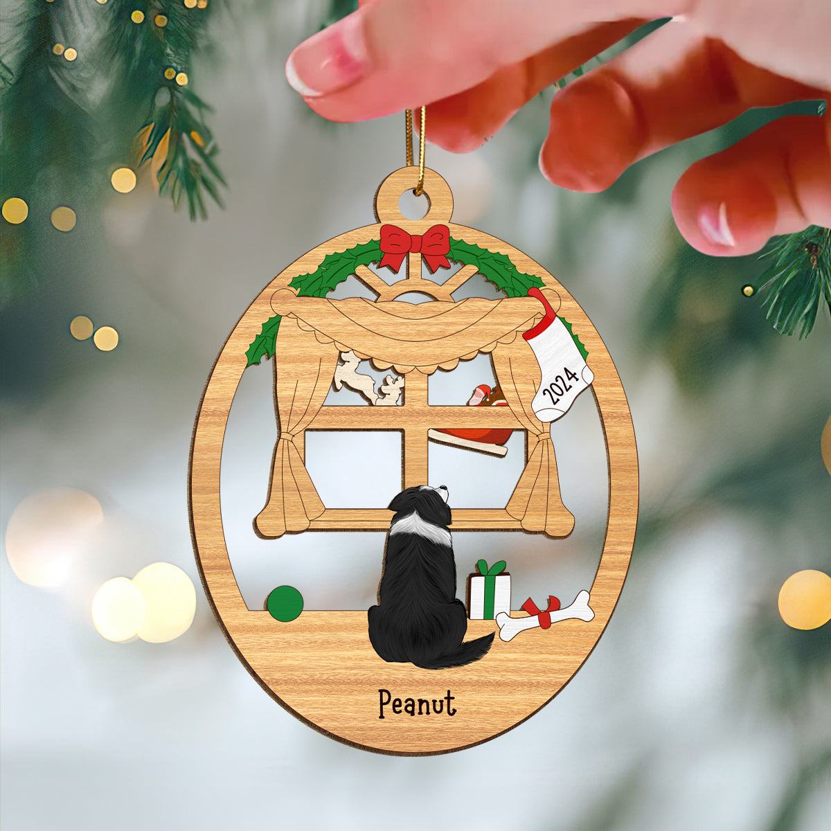 Christmas Dogs Sitting By The Window Personalized Wooden Ornament