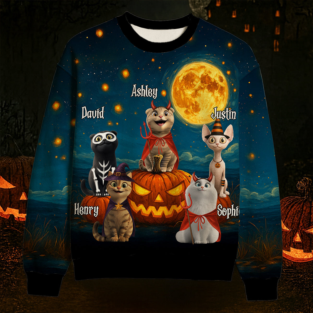 Halloween Cats Sitting in a Starry Night Personalized 3D Sweatshirt, Halloween Costume for Cat Lovers