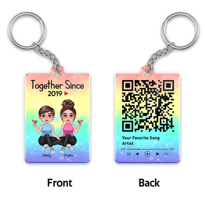 LGBT Doll Couple Sitting Together Since Favorite Song Scannable QR Code Couple Gift Personalized Acrylic Keychain