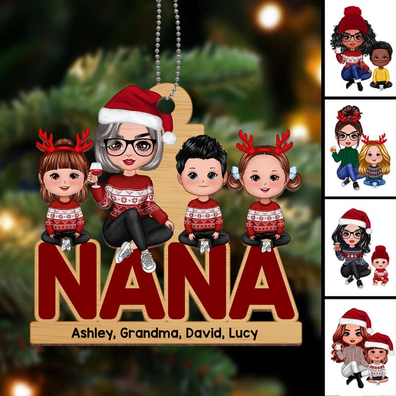 Grandma & Grandkids Sitting Christmas Personalized Wooden Ornament
