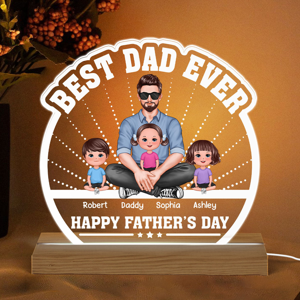 Best Dad Ever Man Sitting With Doll Kids Personalized Custom Shaped Acrylic Plaque With Warm LED Night Light