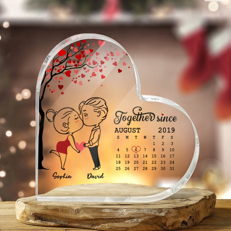 Chibi Couple Outline Calendar Personalized Acrylic Heart Plaque