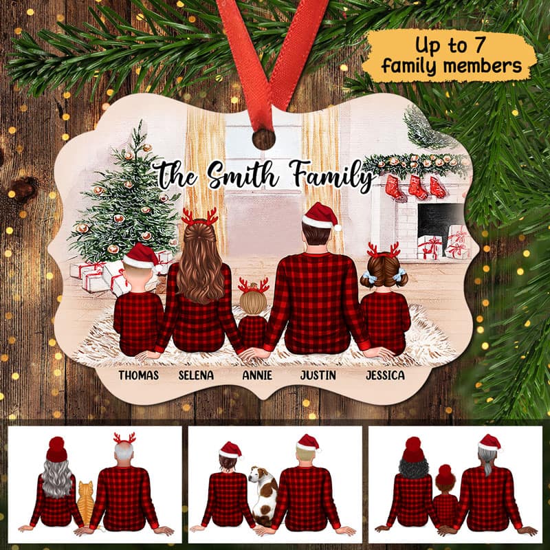 Checkered Pattern Pajamas Back View Family In House Personalized Christmas Ornament