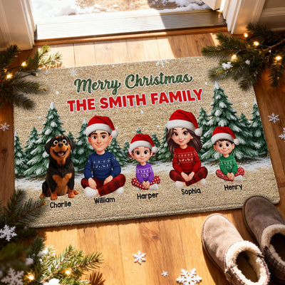 3D Effect Snowy Christmas Tree Beautiful Family Together Christmas - Personalized Doormat