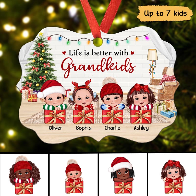Better With Grandkids Cute Kids Laying Head On Arms Personalized Christmas Ornament