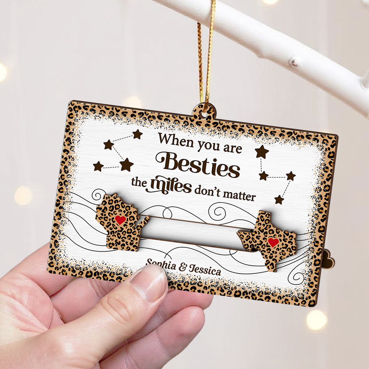 Long Distance Leopard State Map Besties Sisters Personalized Slider Ornament, Meaningful Christmas Gift