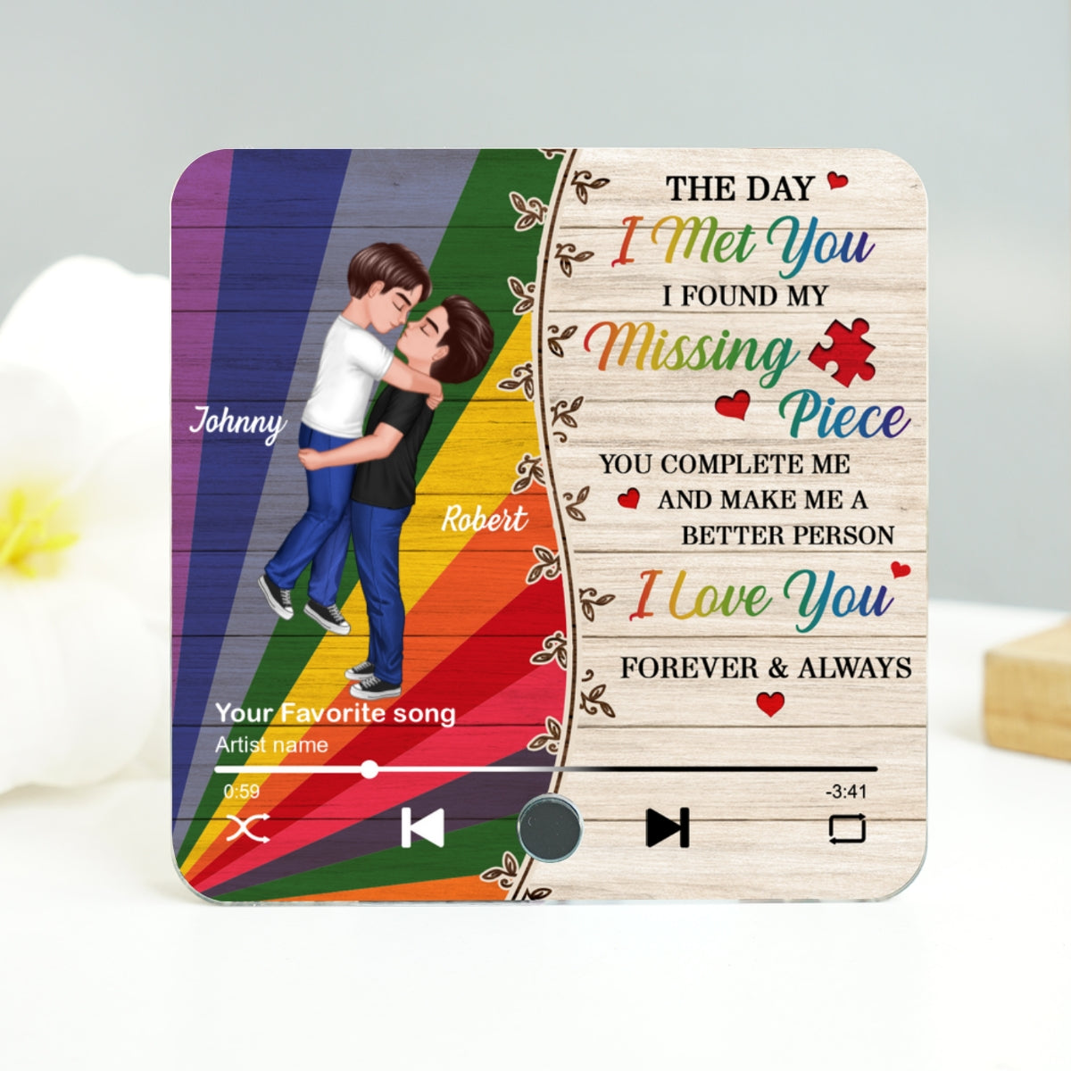 Colorful Wood Pallets The Day I Met You LGBTQ Couple Personalized Music Fridge Magnet, Pride Month Gift
